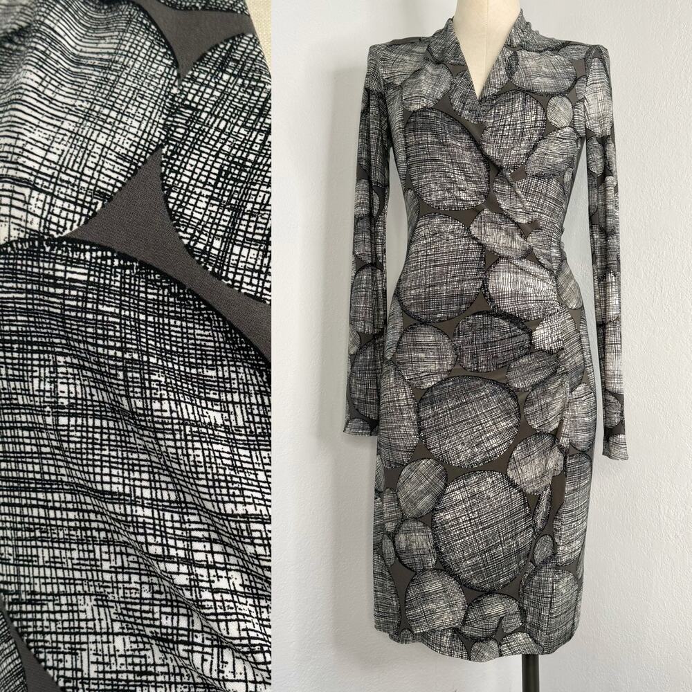 Kamali Kulture Long Sleeve Knee Length Faux Wrap Dress Grey Mesh Dots Size XS